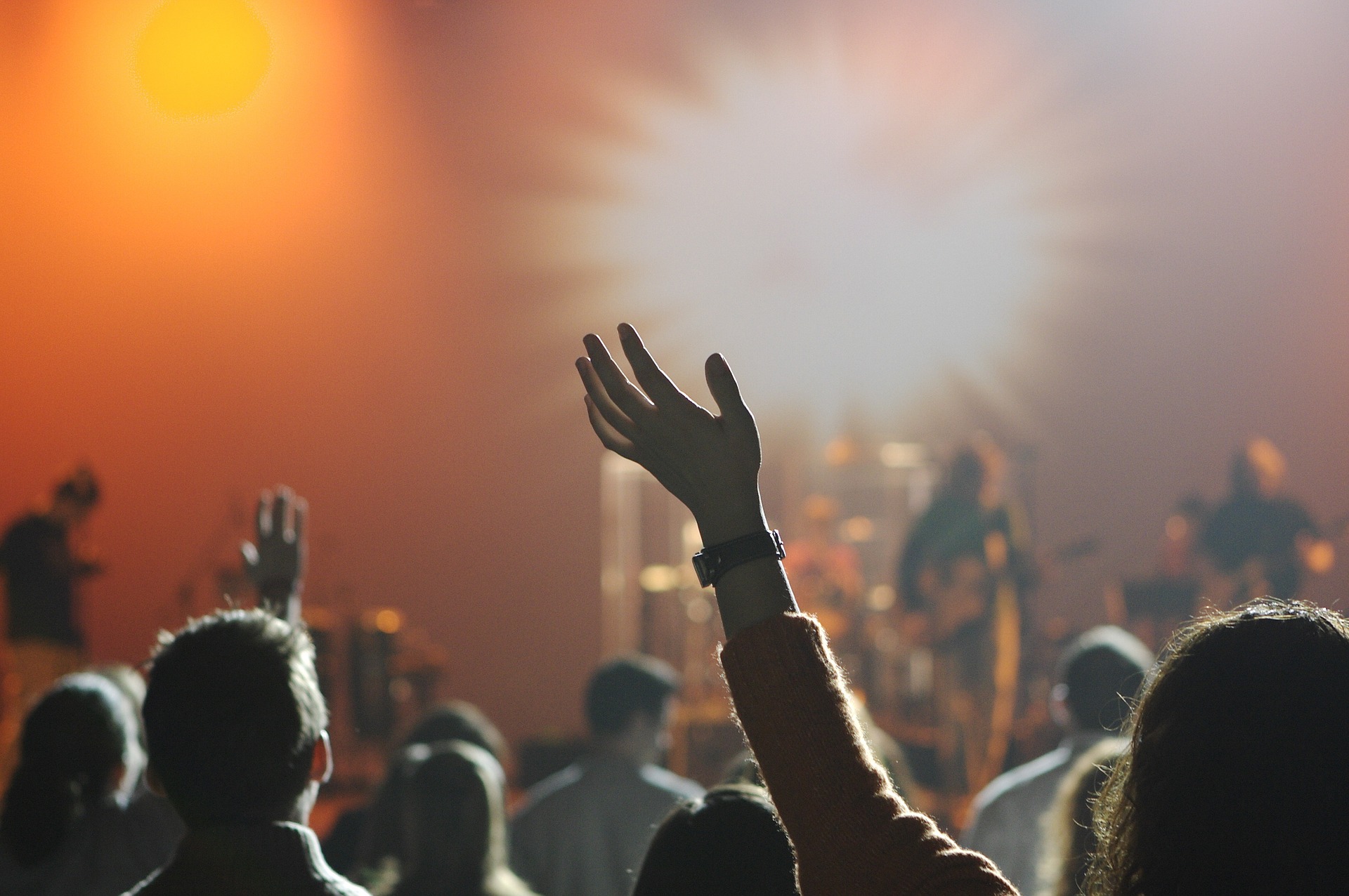 A crowd of people with a band performing in the blurred background