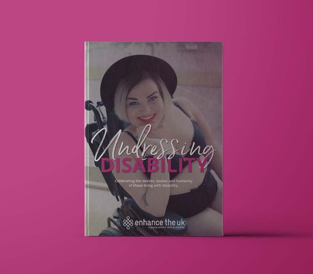 Undressing Disability book cover mock up on a pink background